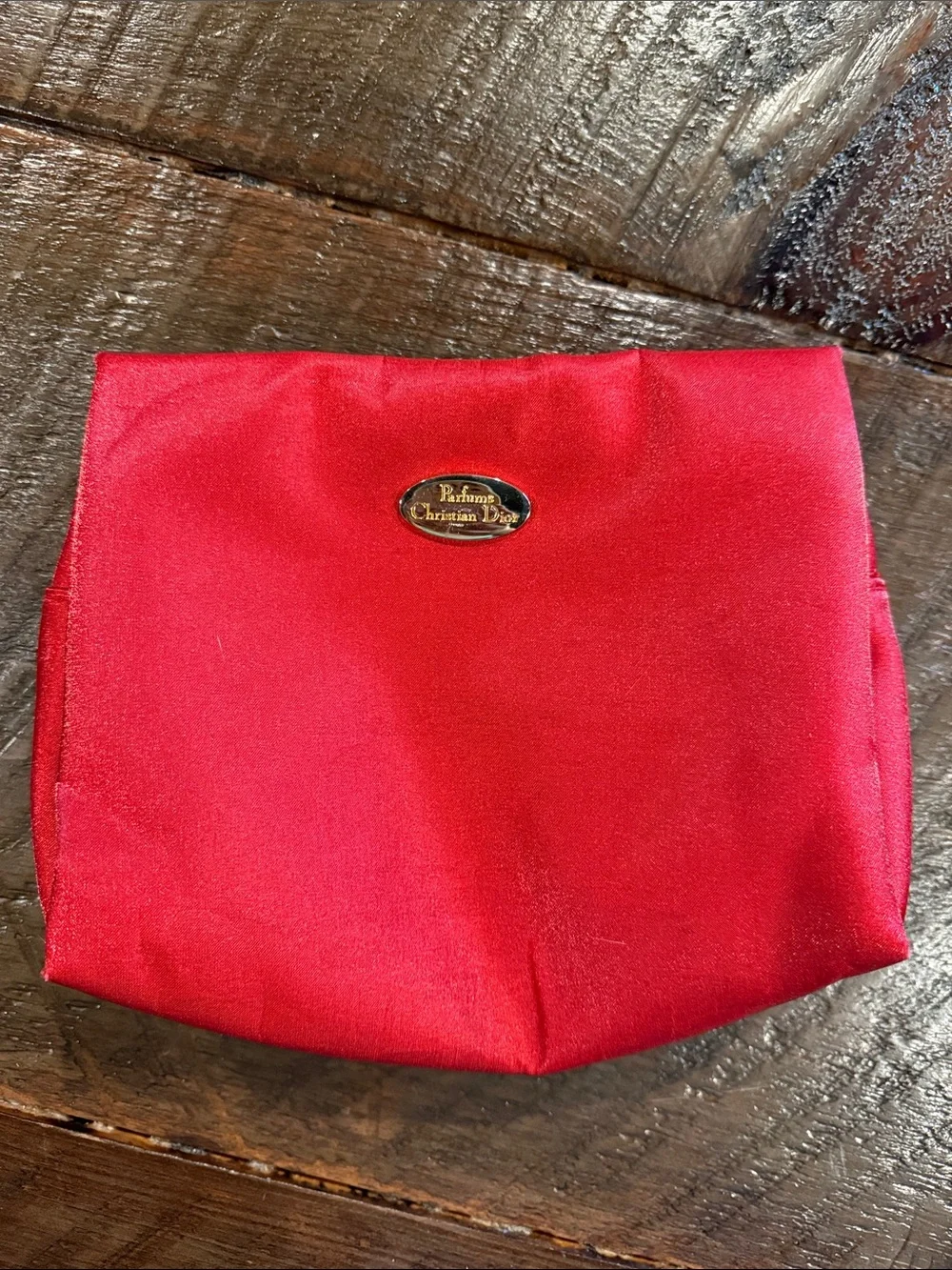 Christian Dior Red Satin Cosmetic Pouch with Gold Plaque